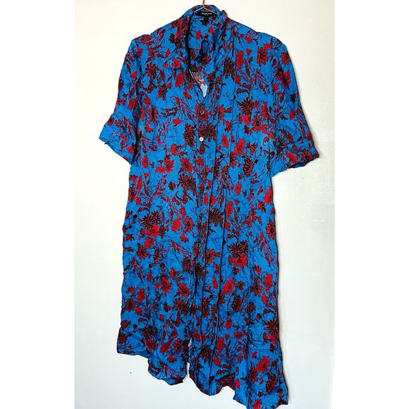 Derek Lam Blue & Red Floral Print Button Front A-Line Shirt Dress Size 4 - Picture 3 of 9